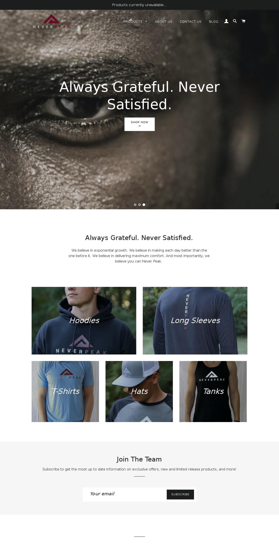 neverpeakproducts.com — Shopify storefront screenshot