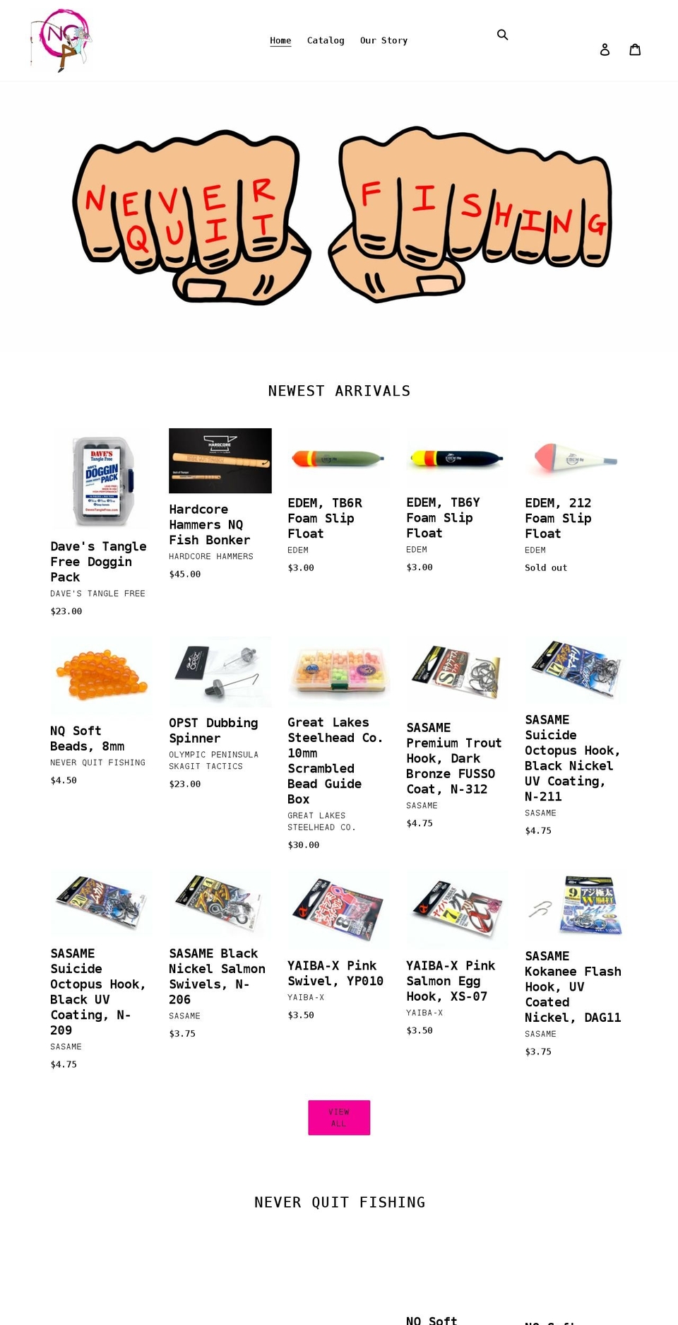 neverquitfishing.com shopify website screenshot
