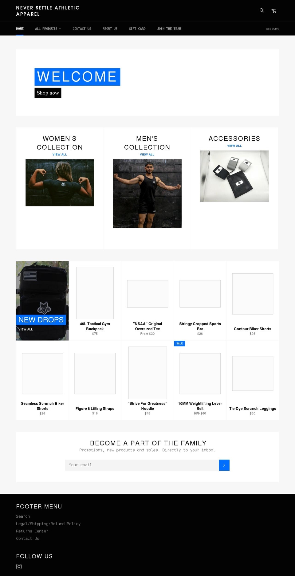 neversettleathleticapparel.com shopify website screenshot