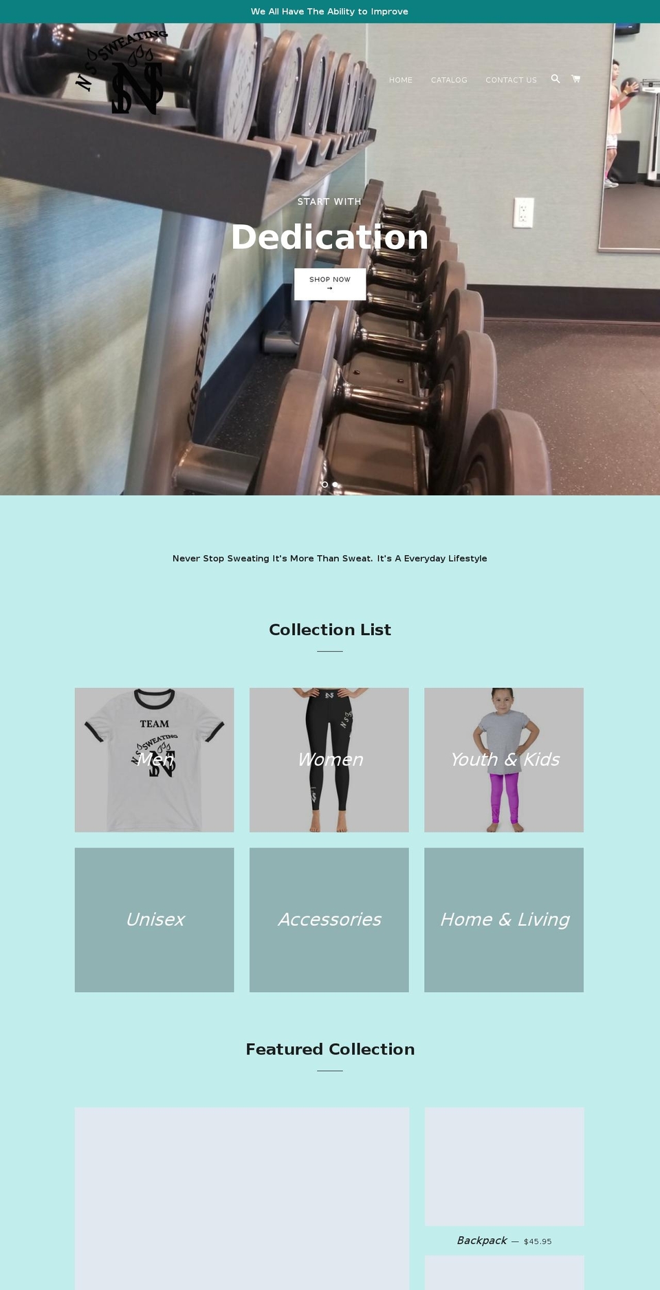 neverstopsweating.com — Shopify storefront screenshot