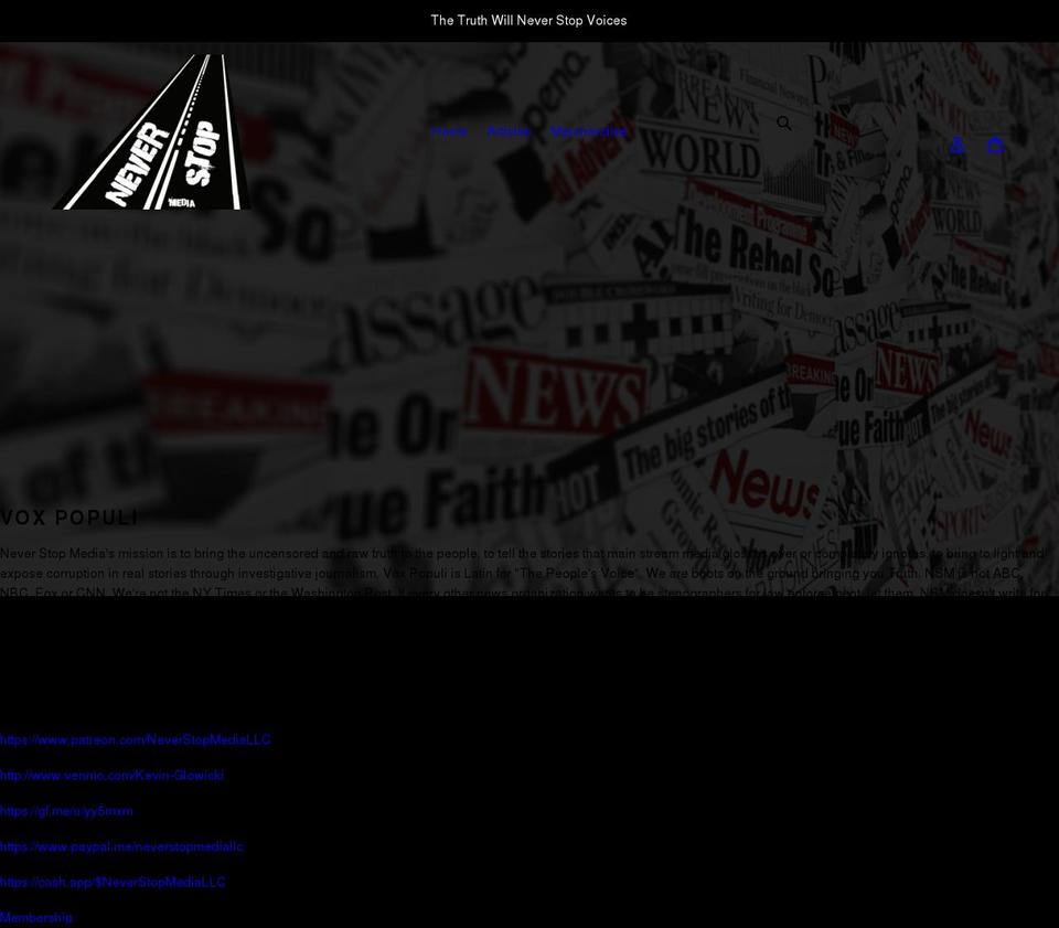 neverstopvoices.com shopify website screenshot