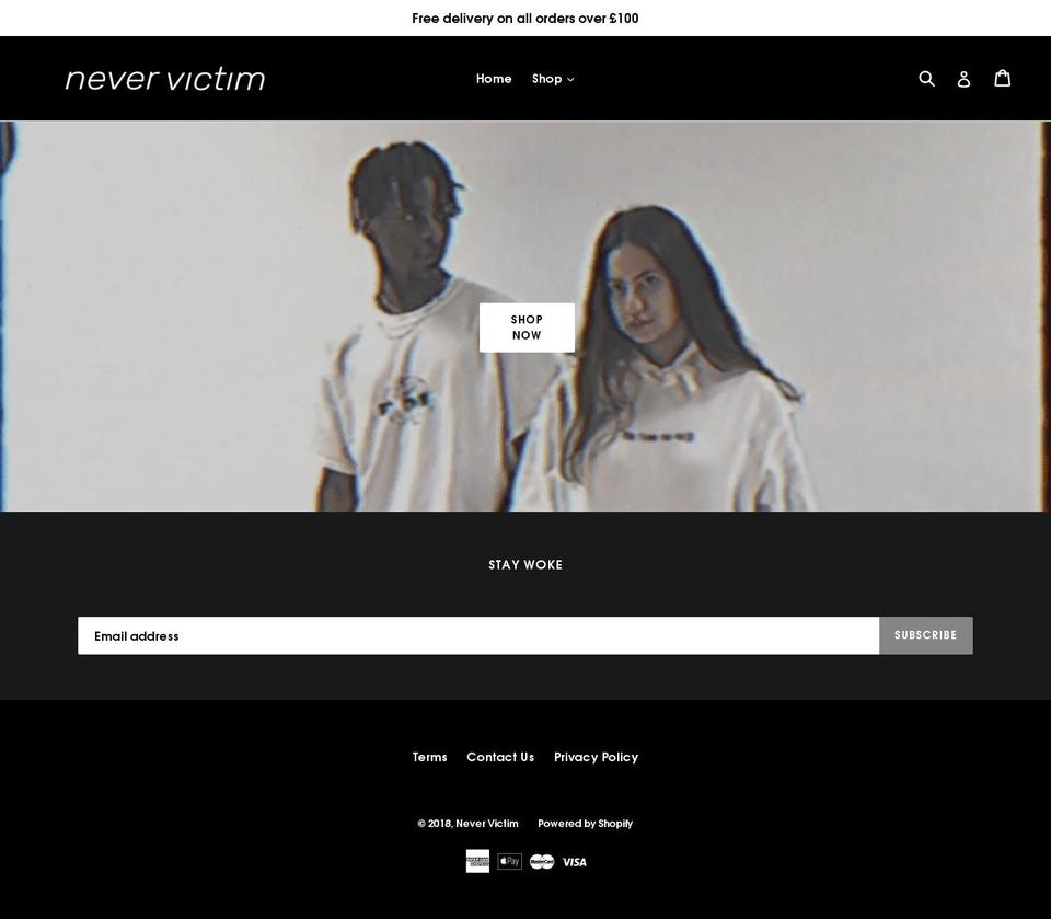 Saffron Shopify theme site example nevervictim.com