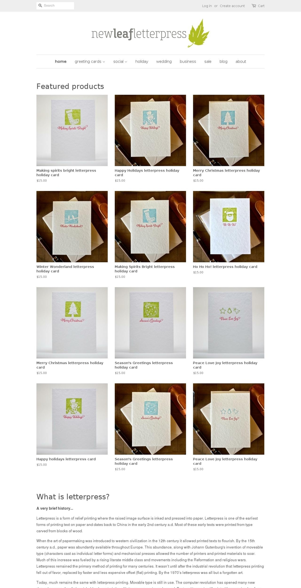 newleafletterpress.com — Shopify storefront screenshot