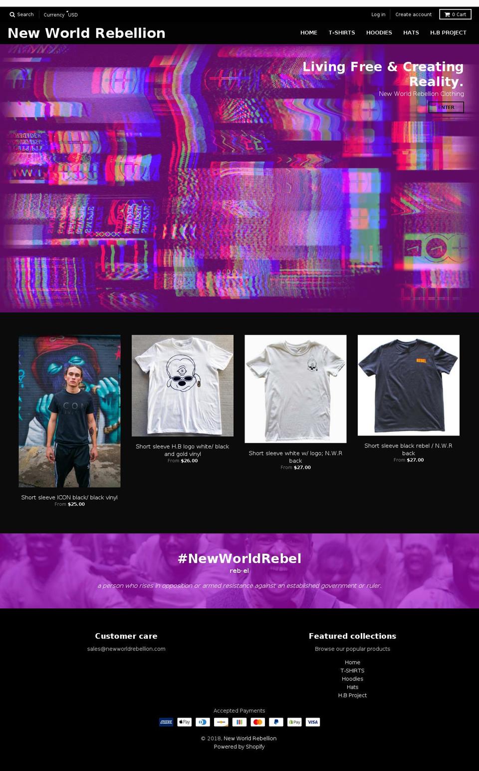 newworldrebellion.com — Shopify storefront screenshot