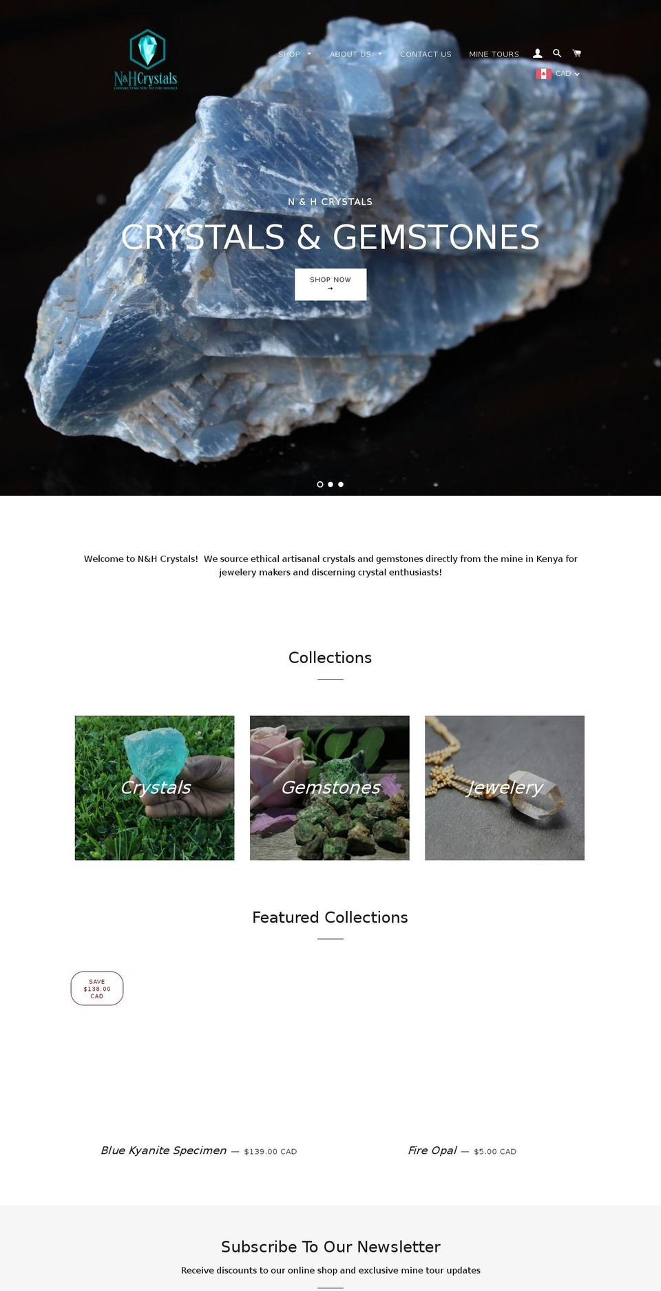 nhcrystals.com — Shopify storefront screenshot