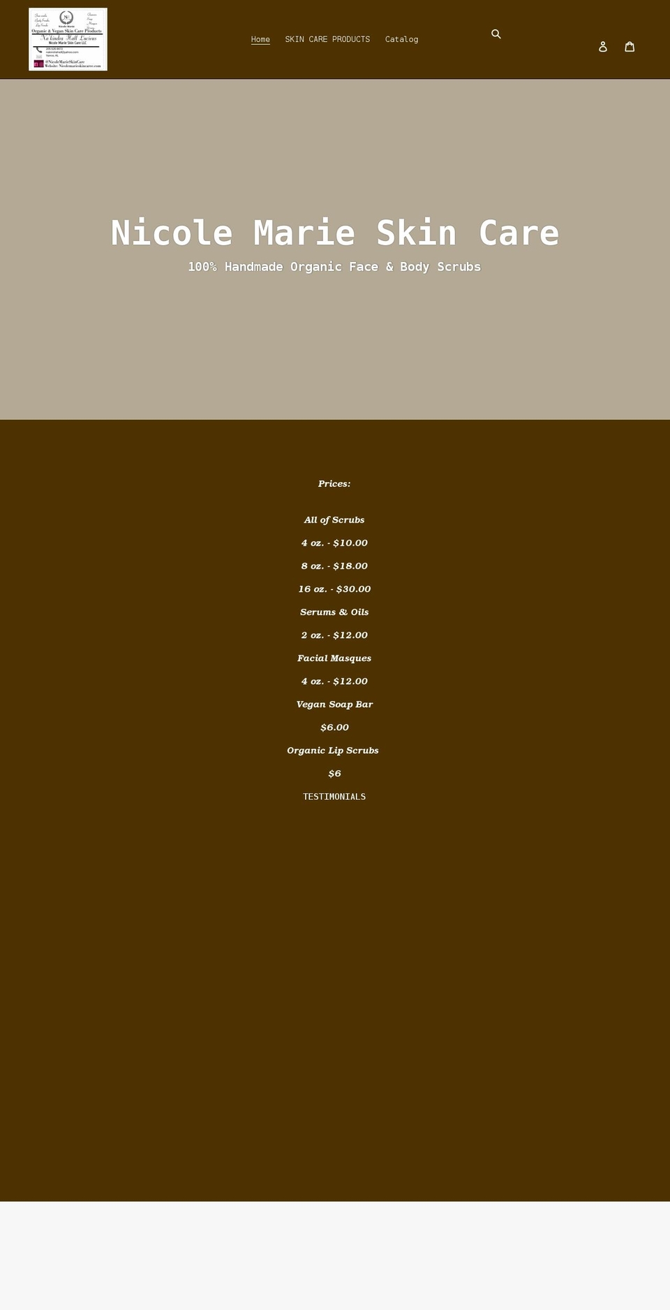 nicolemarieskincaree.com shopify website screenshot