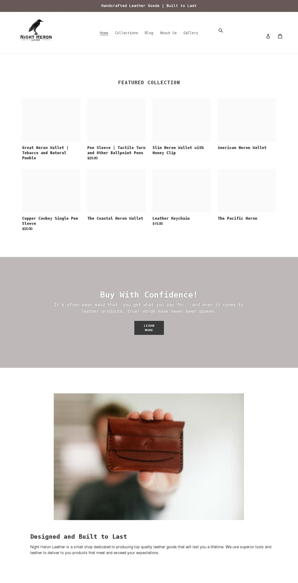 nightheronleather.com shopify website screenshot