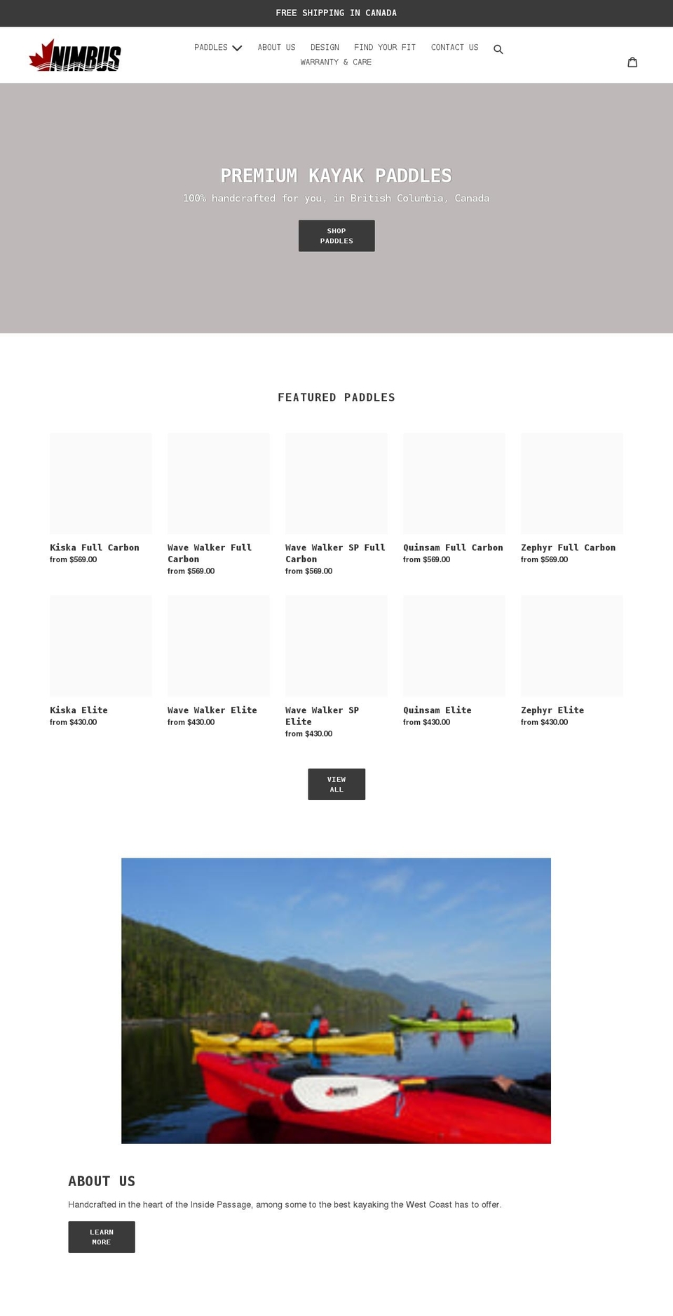 nimbuspaddles.com shopify website screenshot