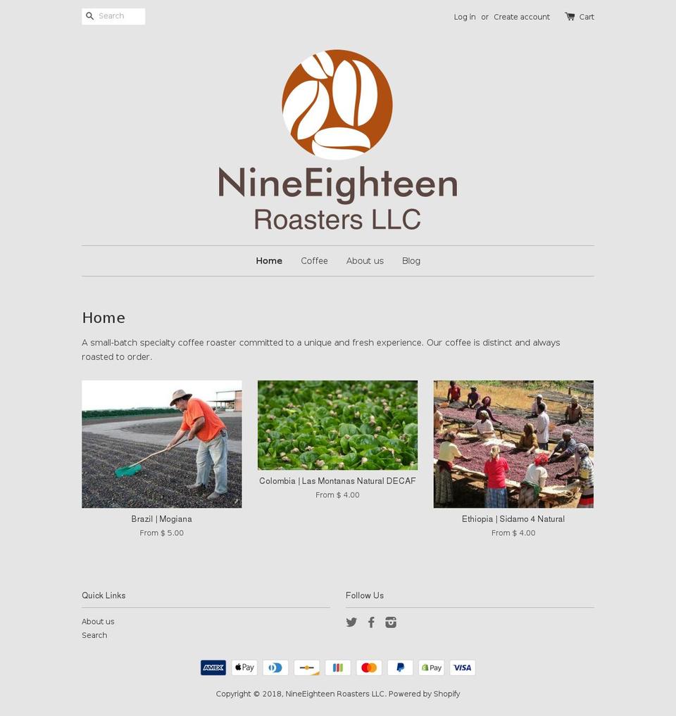 nineeighteenroasters.com — Shopify storefront screenshot