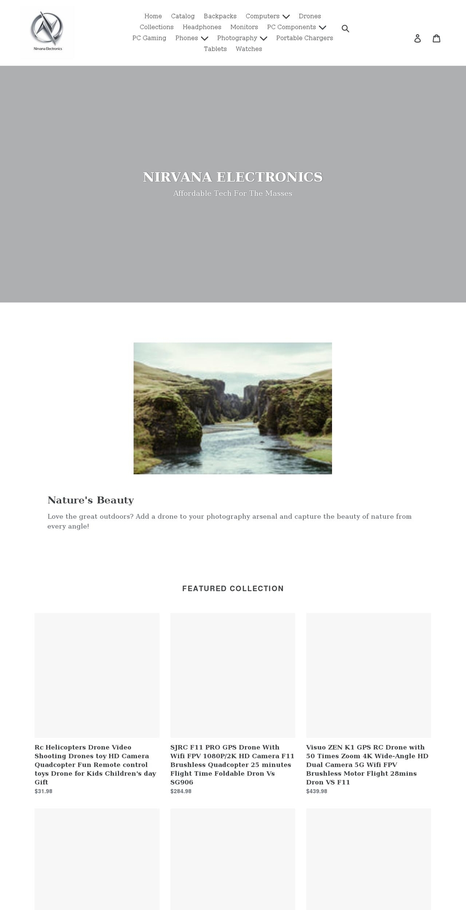 nirvanaelectronics.com shopify website screenshot