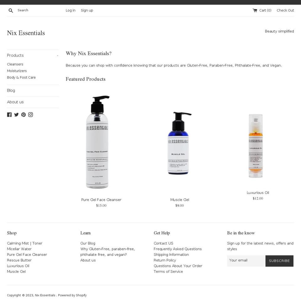 nixessentials.com shopify website screenshot