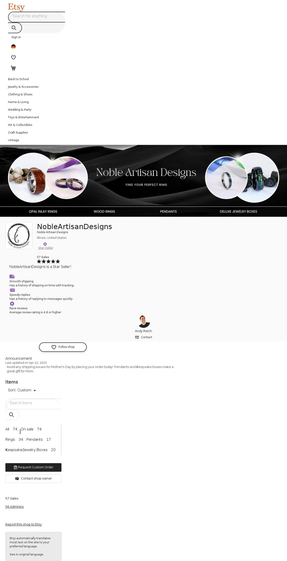 nobleartisandesigns.com shopify website screenshot
