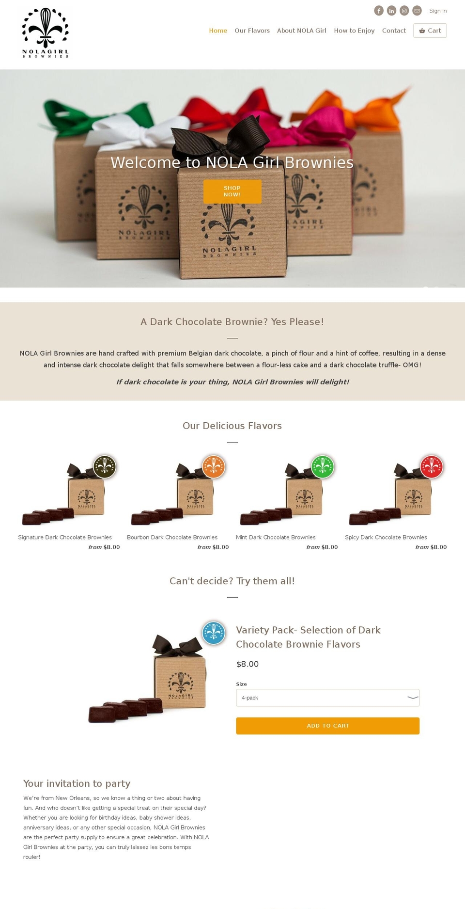 nolagirlbrownies.com — Shopify storefront screenshot