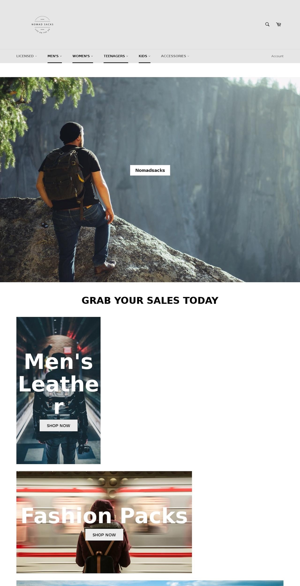nomadsacks.com — Shopify storefront screenshot