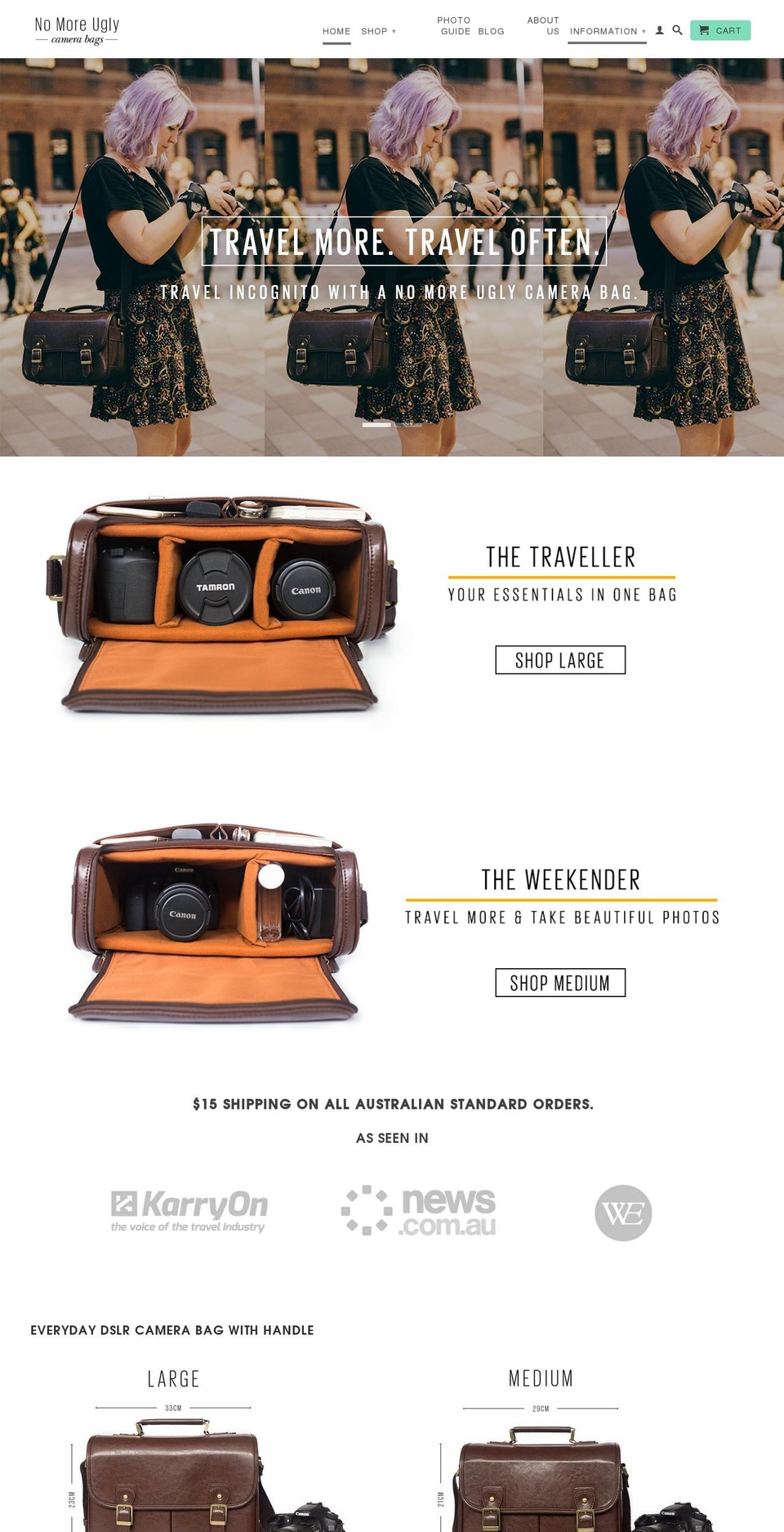 nomoreuglycamerabags.com shopify website screenshot