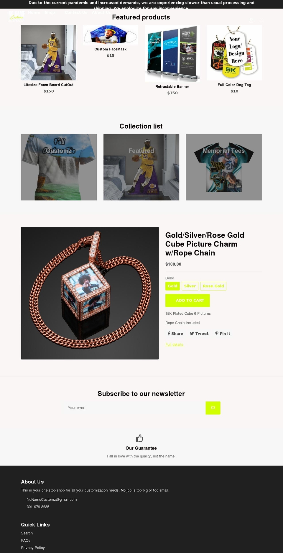 nonamecustomz.com shopify website screenshot
