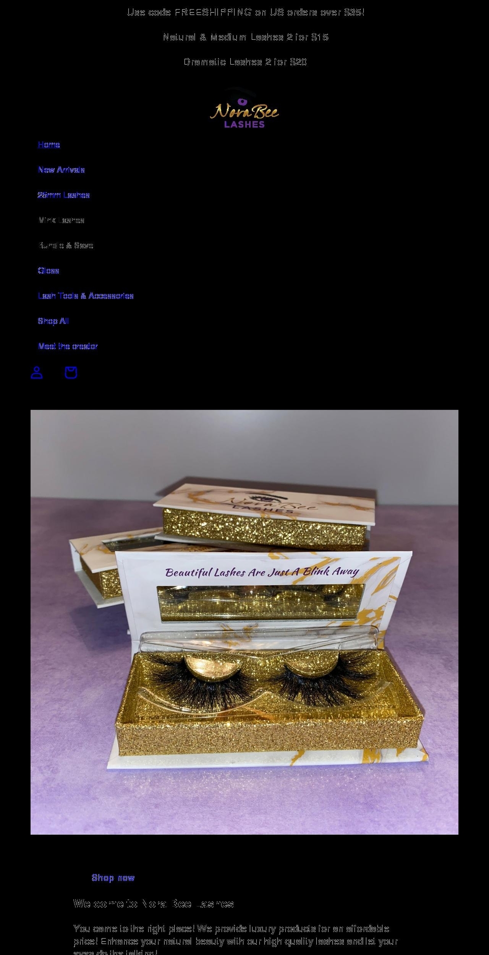 norabeelashes.com shopify website screenshot