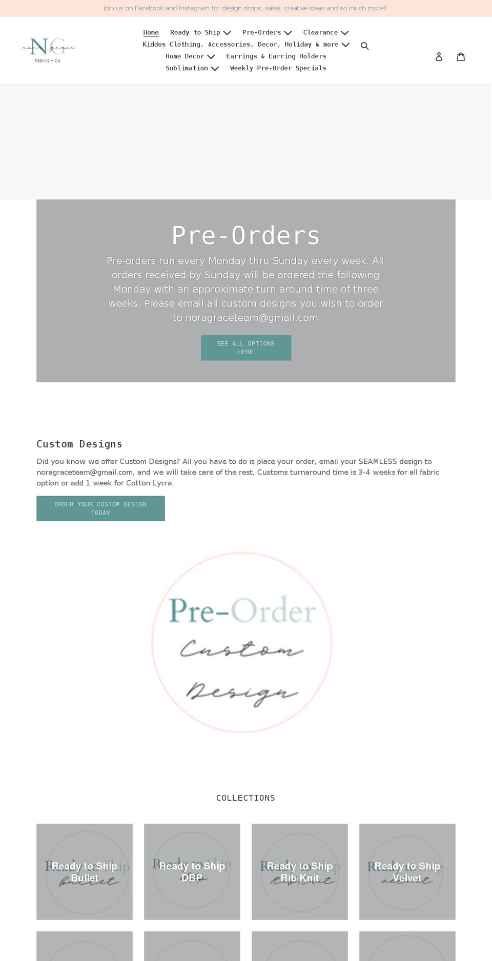 noragracefabric.com shopify website screenshot