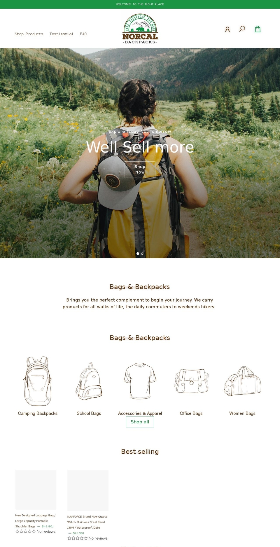 norcalbackpacks.com — Shopify storefront screenshot