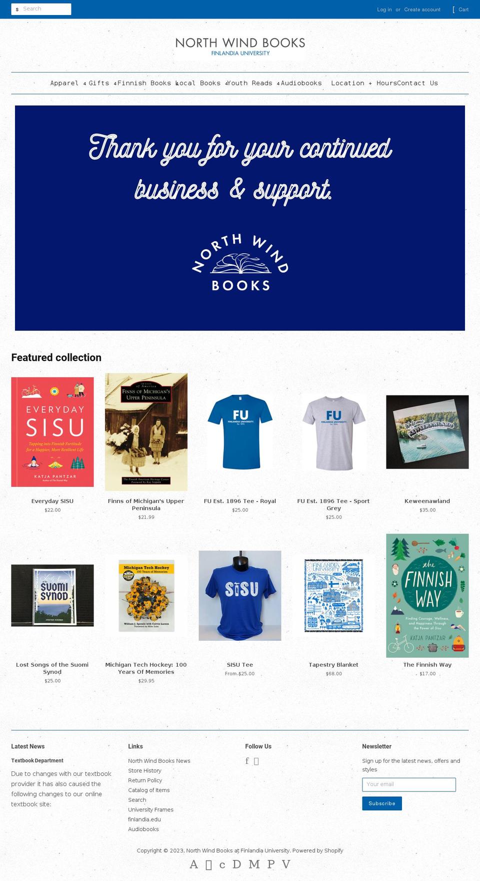 north-wind-books-at-finlandia-university.myshopify.com shopify website screenshot