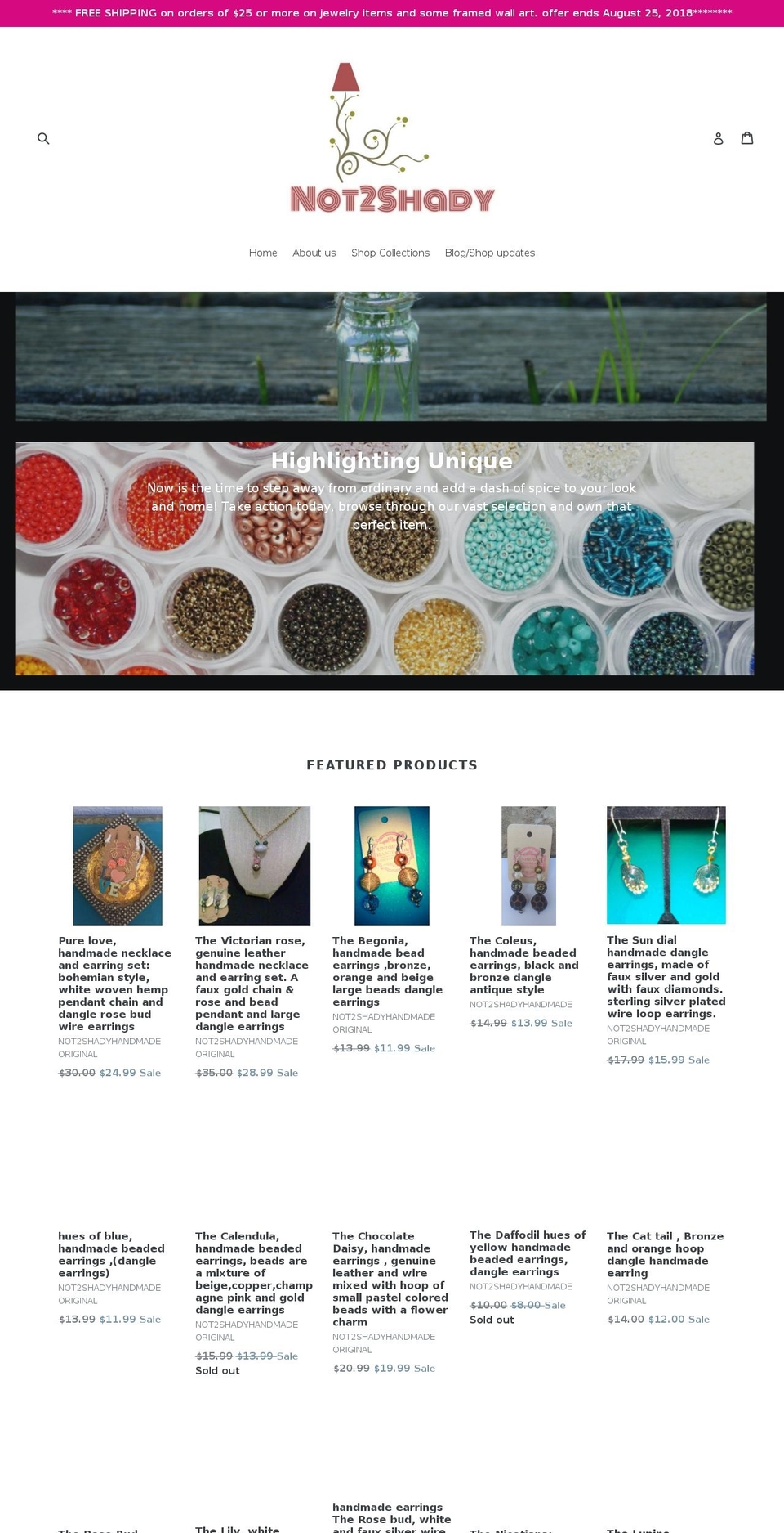 not2shadyhandmade.com — Shopify storefront screenshot