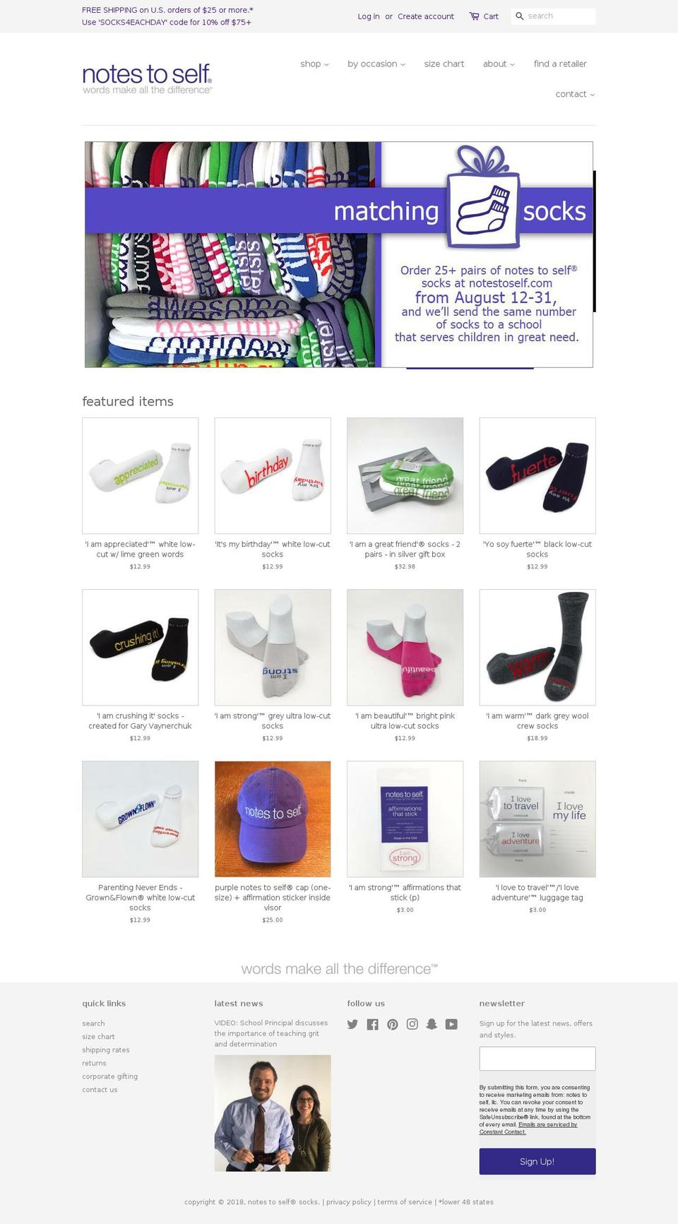 notetoselfsocks.com — Shopify storefront screenshot