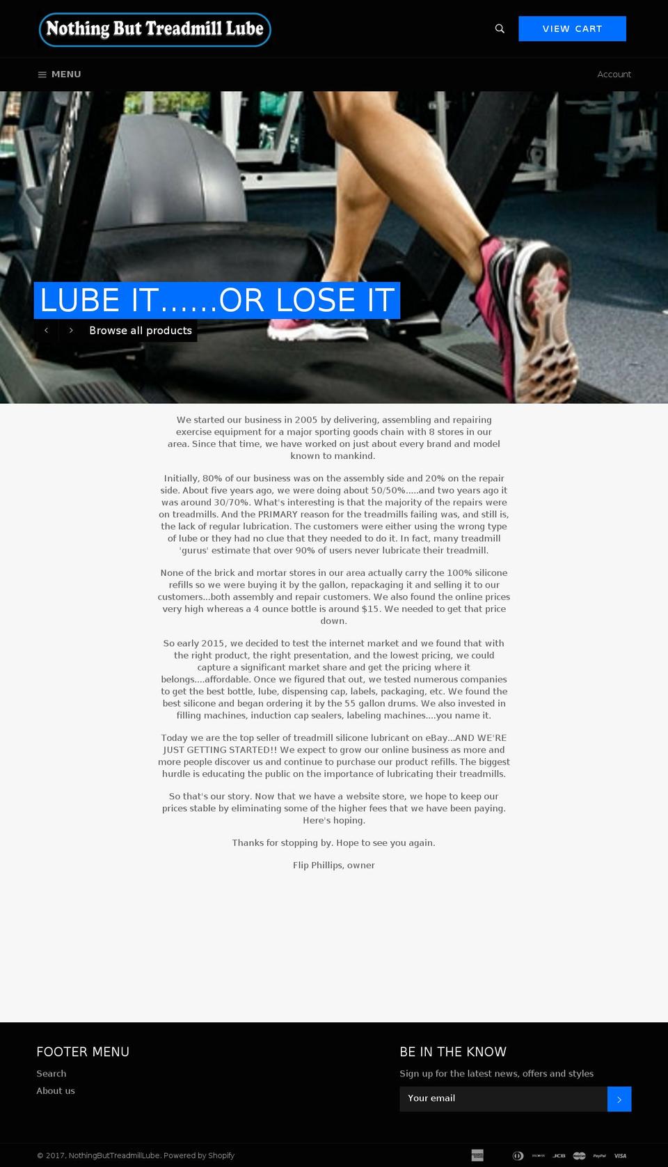 nothingbuttreadmilllube.com shopify website screenshot