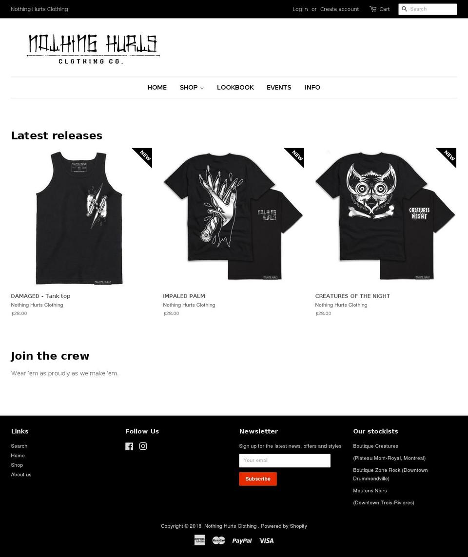 nothinghurtsclothing.com shopify website screenshot
