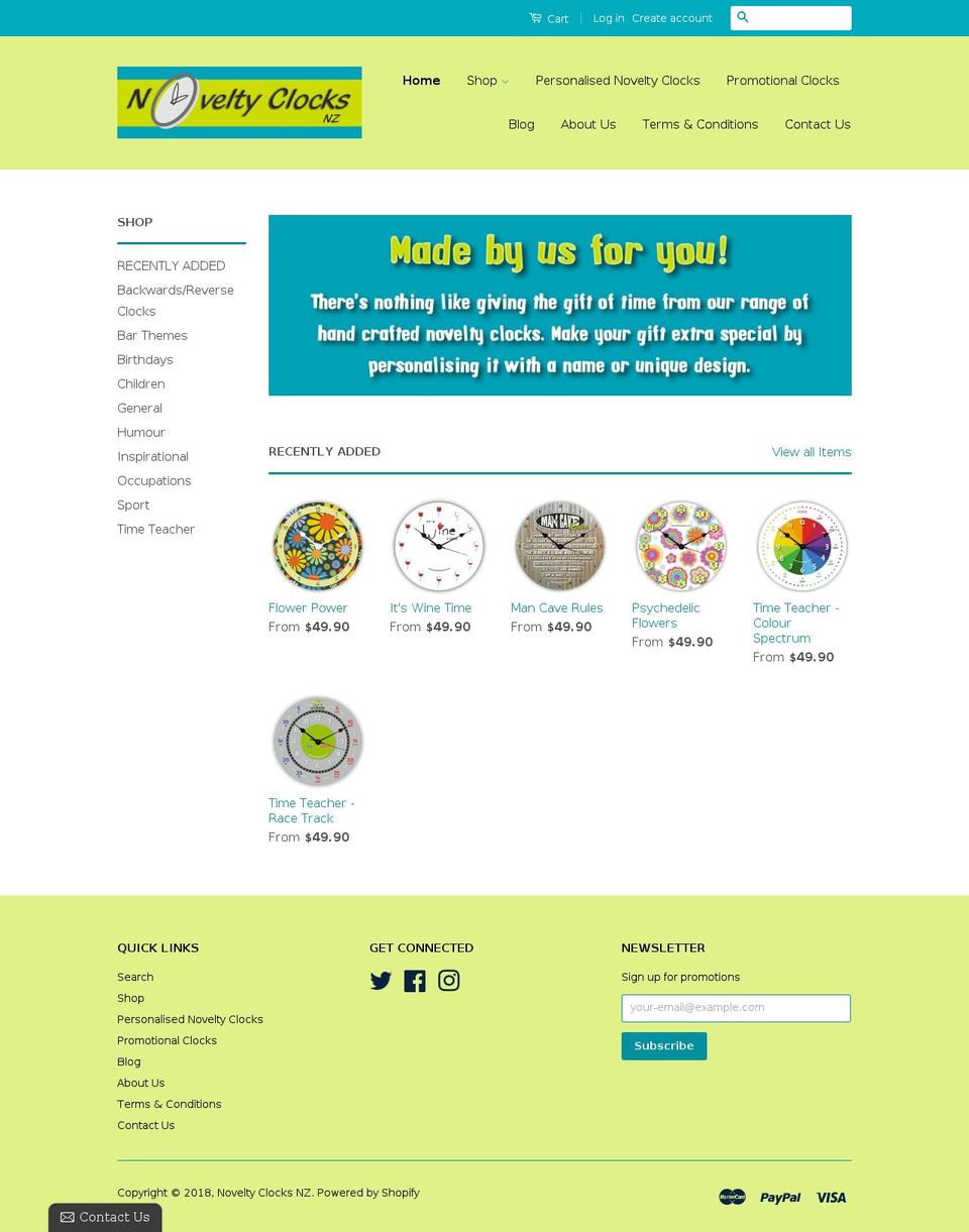 noveltyclocksnz.com — Shopify storefront screenshot