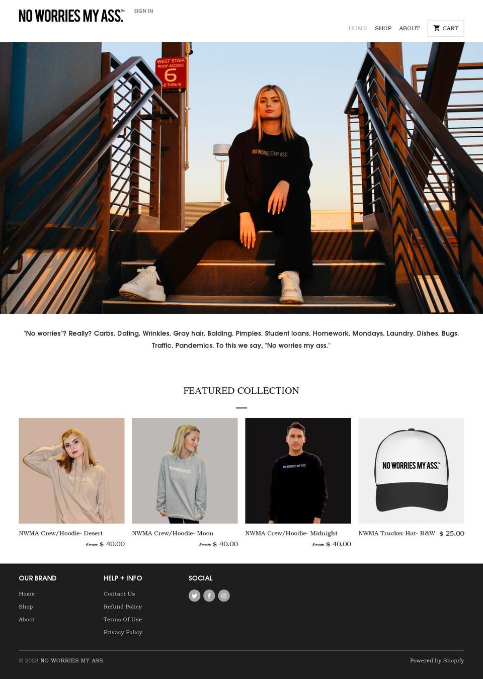 noworriesmyass.com shopify website screenshot