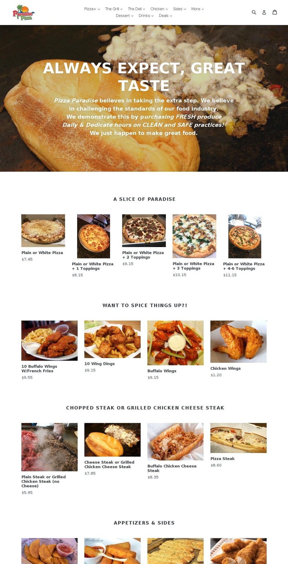 nowpizzaparadise.com — Shopify storefront screenshot