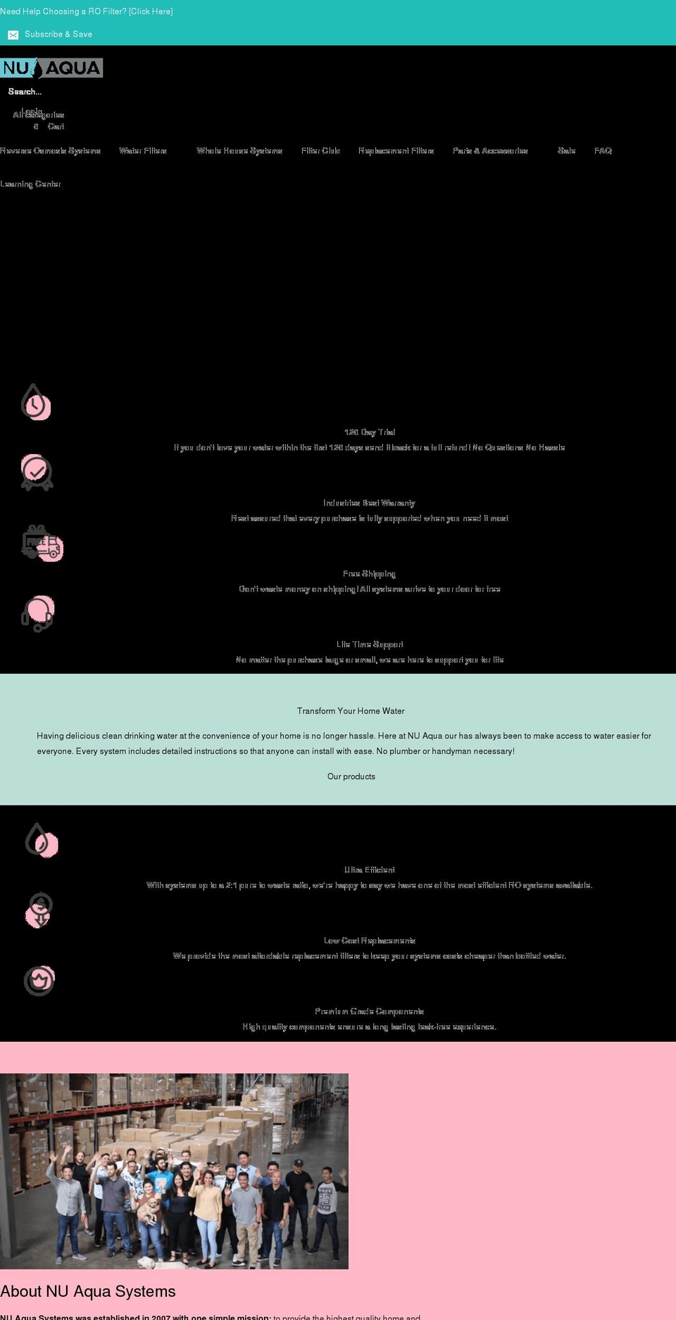 nuaquasystems.com shopify website screenshot