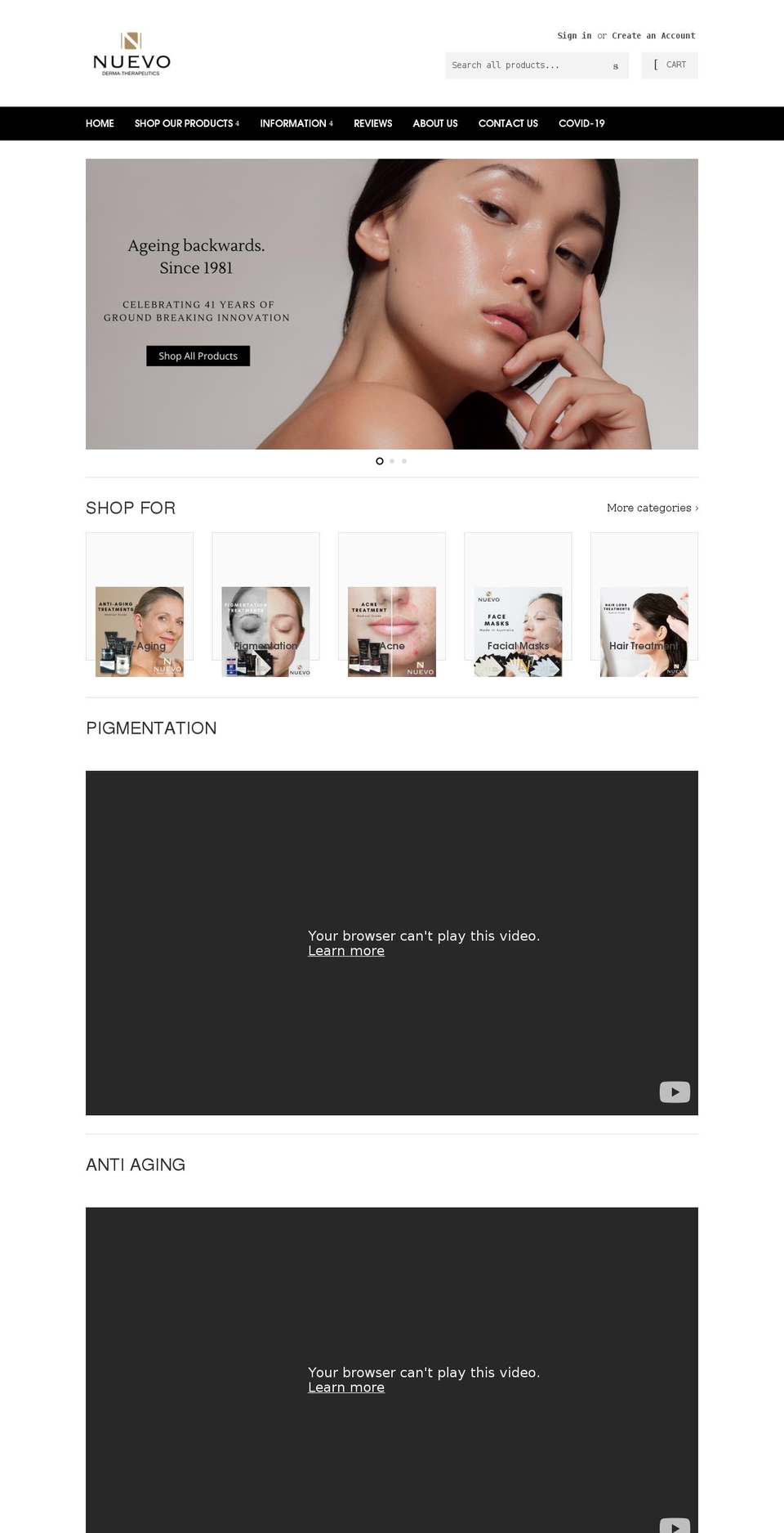 nuevocosmetic.com shopify website screenshot
