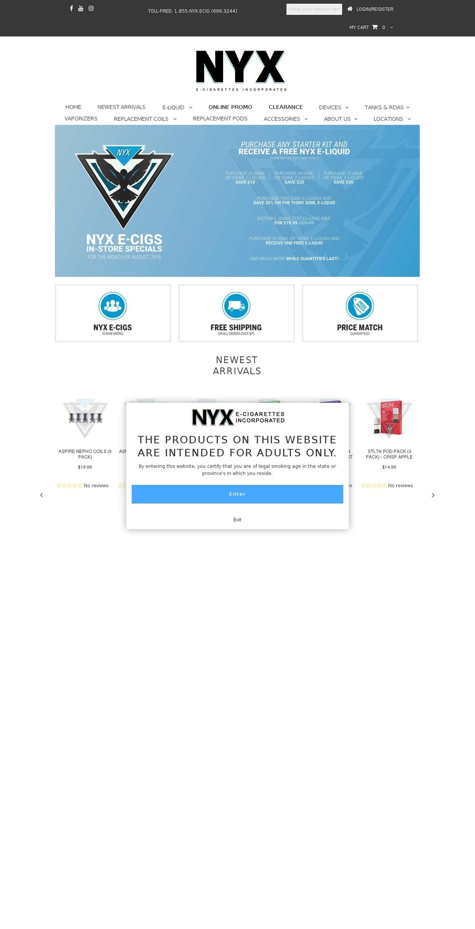 nyxecigs.com — Shopify storefront screenshot