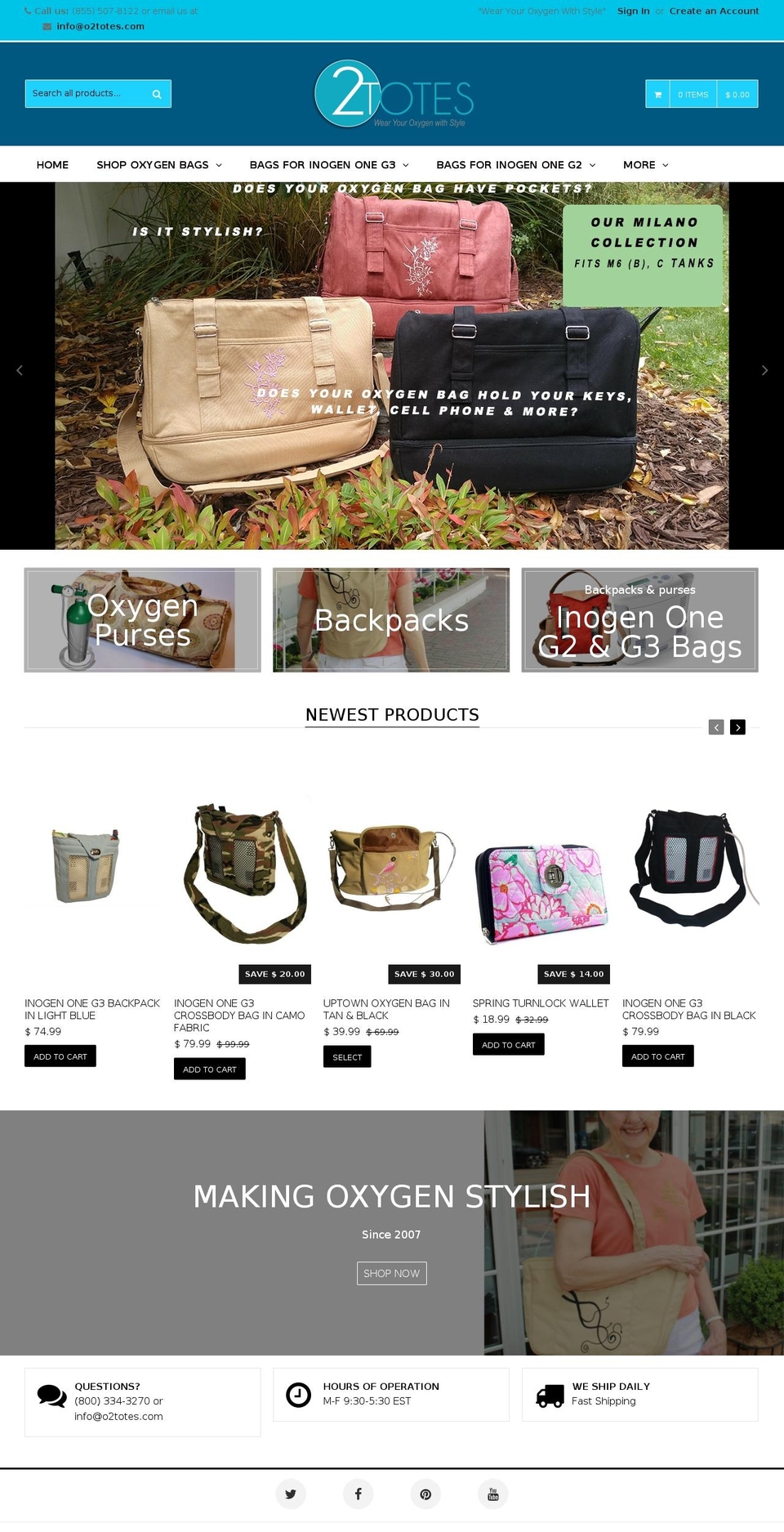 o2totes.com shopify website screenshot