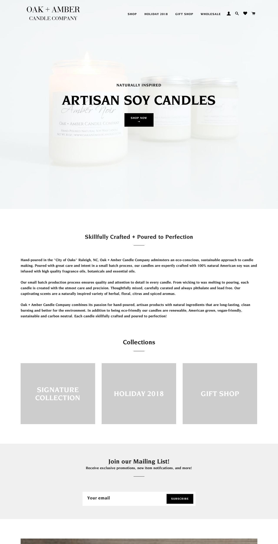 oakandambercandleco.com — Shopify storefront screenshot
