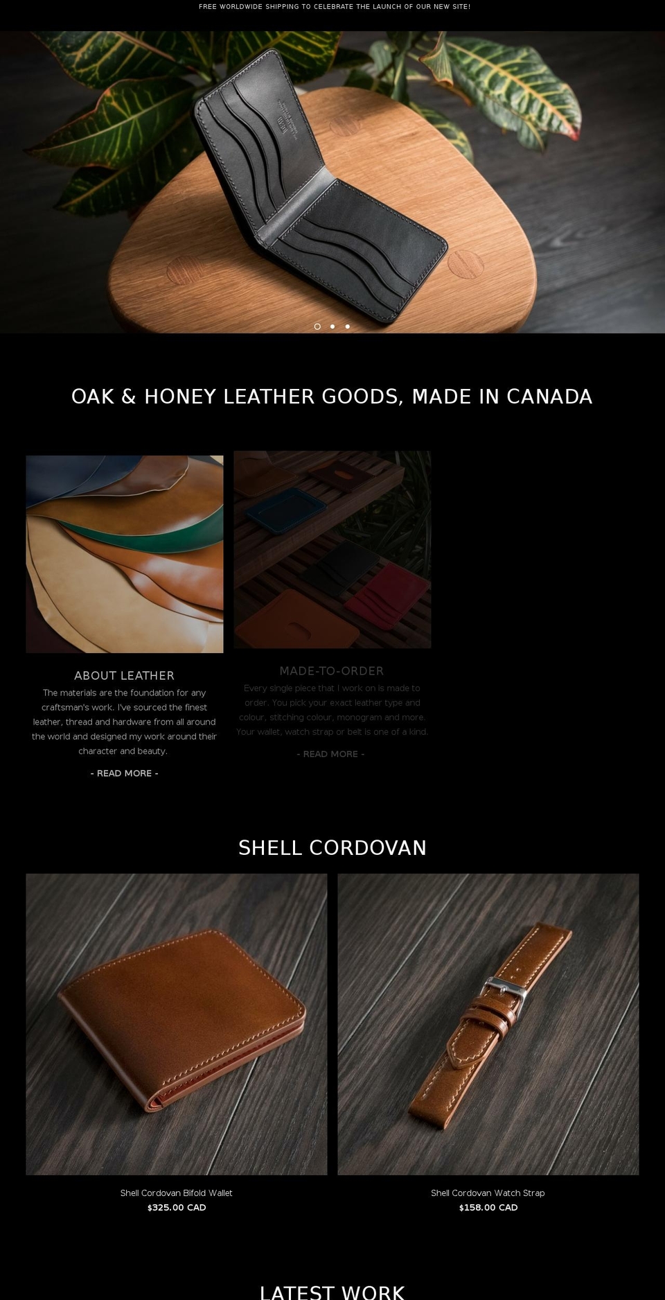 oakandhoneyleather.com shopify website screenshot