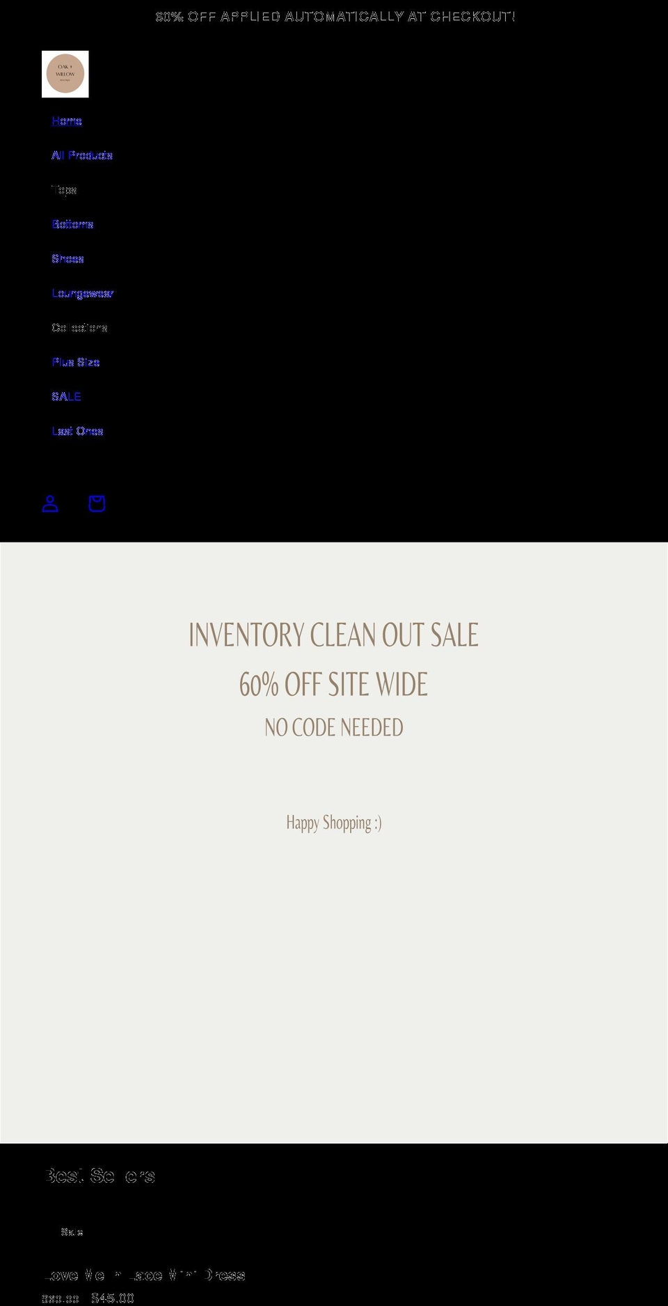 oakandwillowboutique.com shopify website screenshot