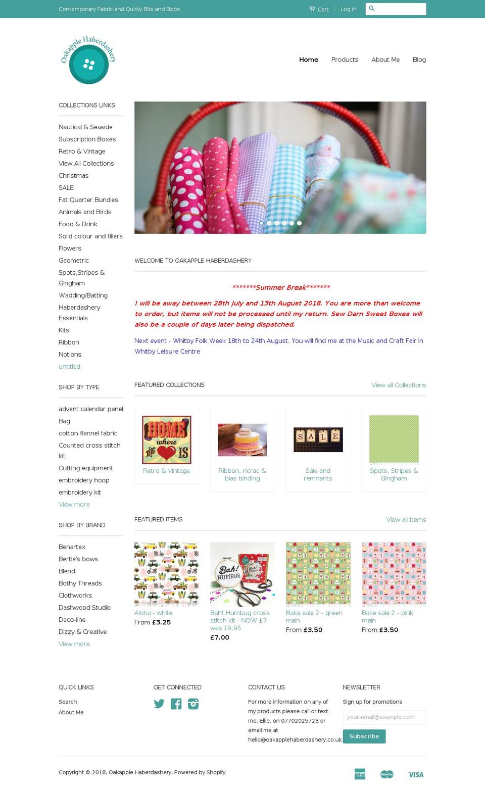 oakapplehaberdashery.co.uk shopify website screenshot