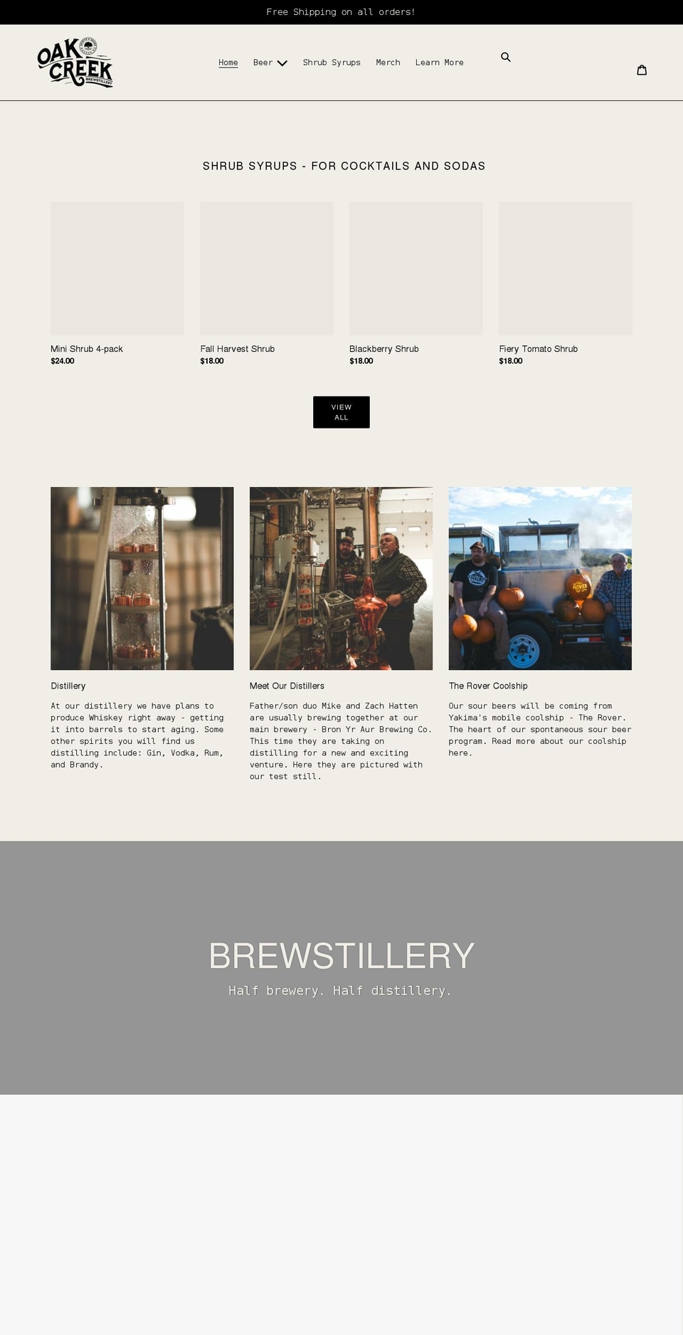 oakcreekbrewstillery.com shopify website screenshot