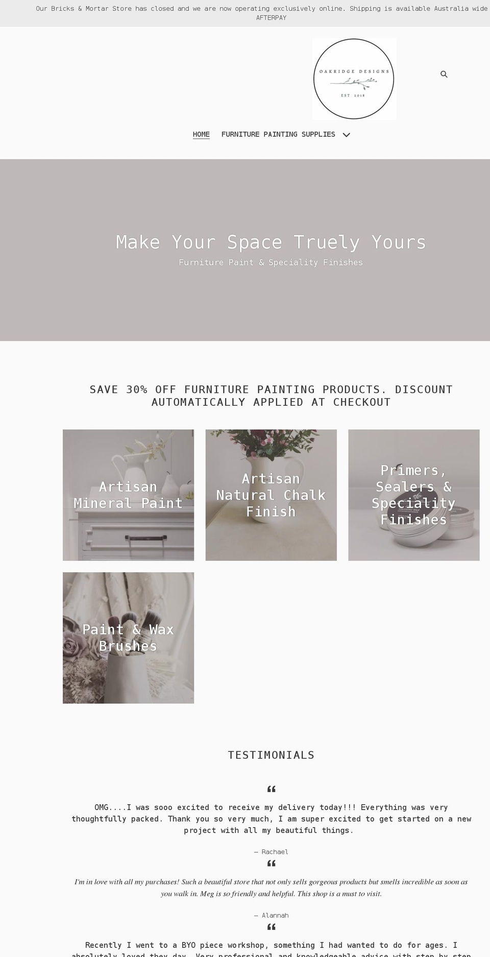 oakridgedesigns.com.au shopify website screenshot