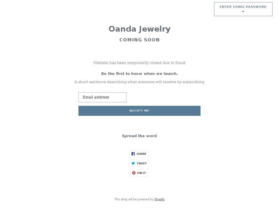 oandajewelry.com shopify website screenshot