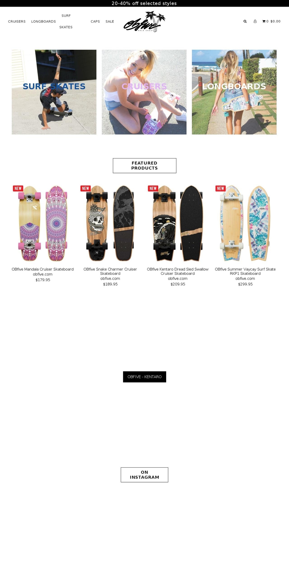 obfiveskateboards.com.au shopify website screenshot