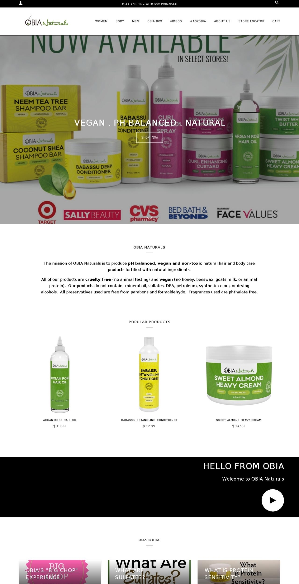 obianaturals.com shopify website screenshot