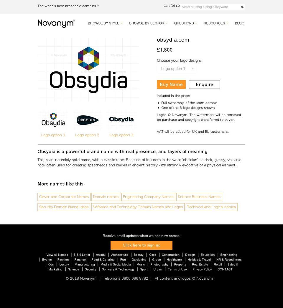 obsydia.com — Shopify storefront screenshot