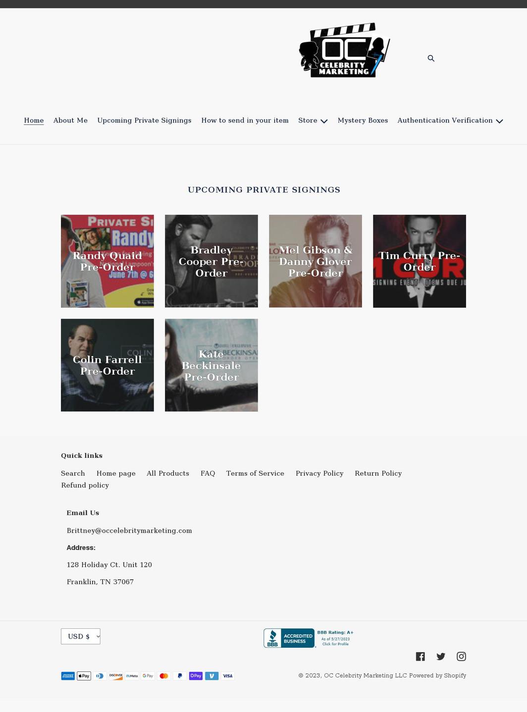 occelebritymarketing.com shopify website screenshot