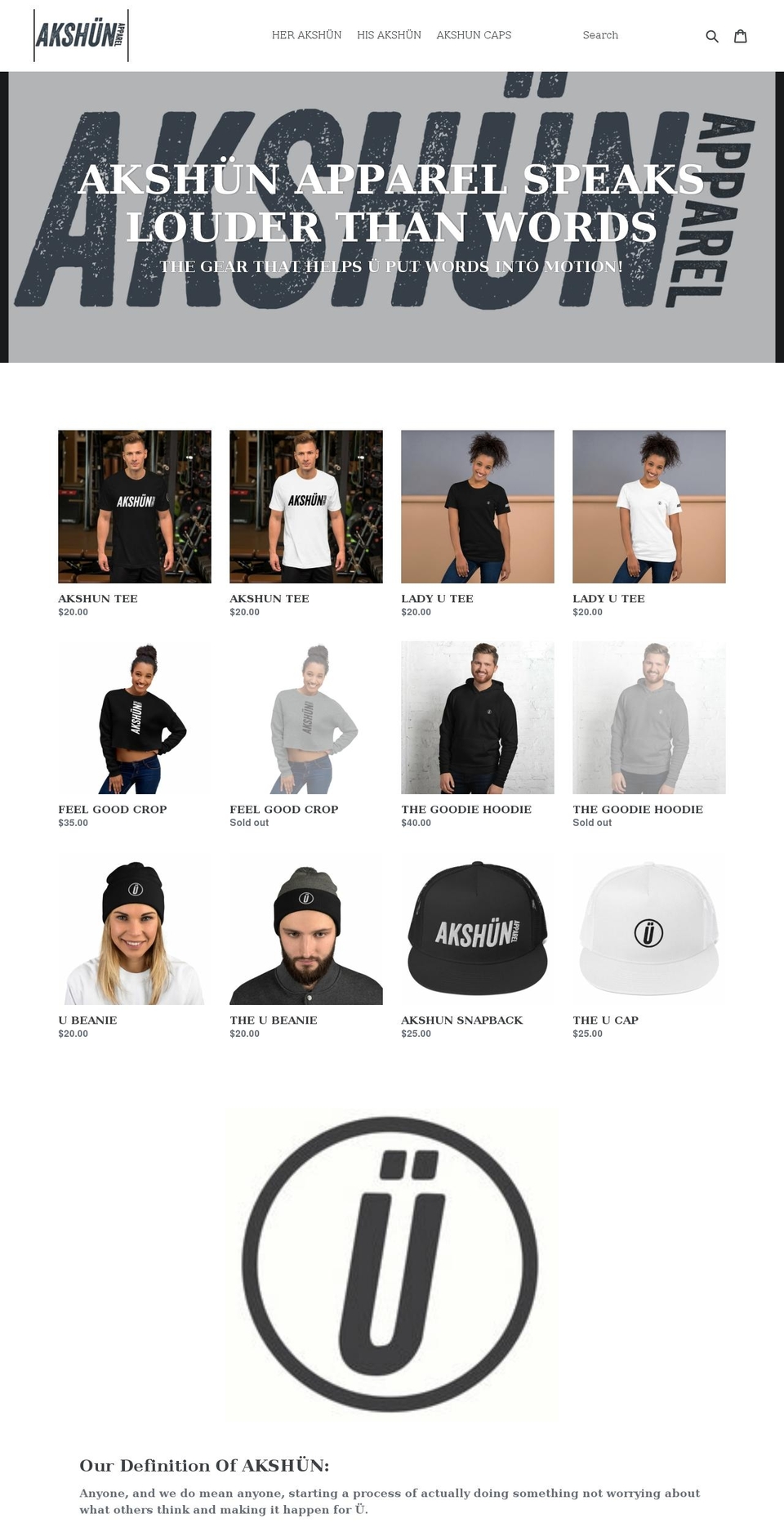 officialakshunapparel.com shopify website screenshot