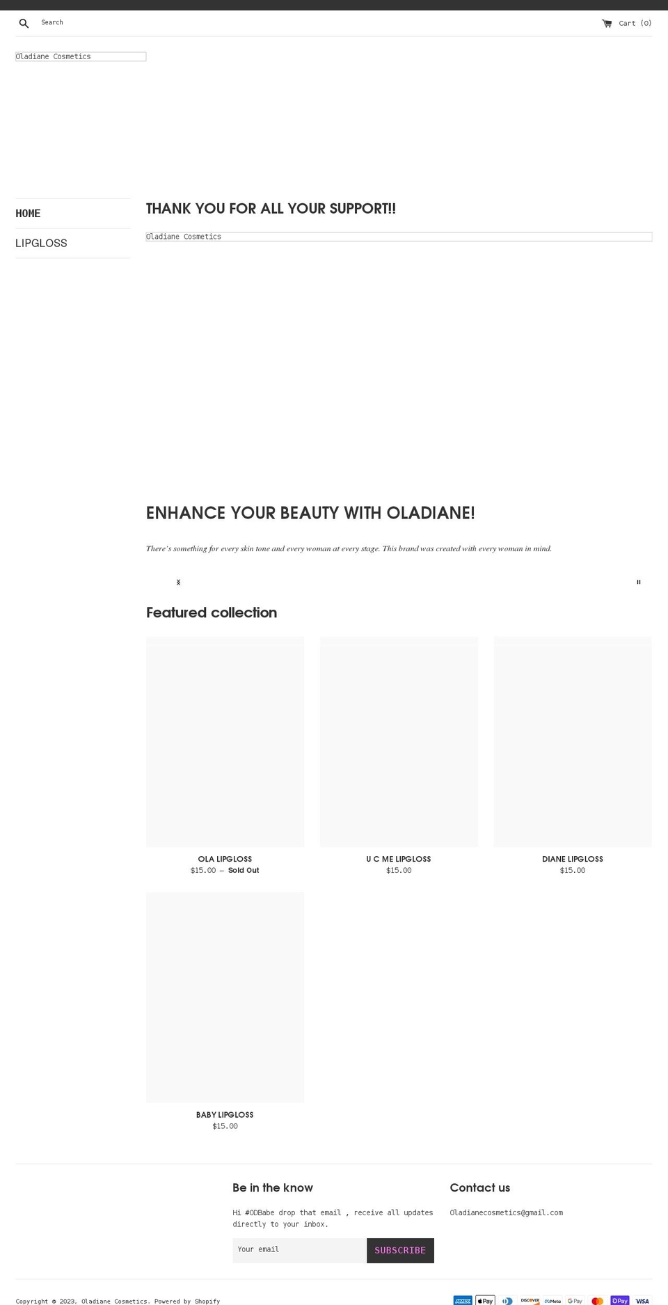 oladianecosmetics.com shopify website screenshot