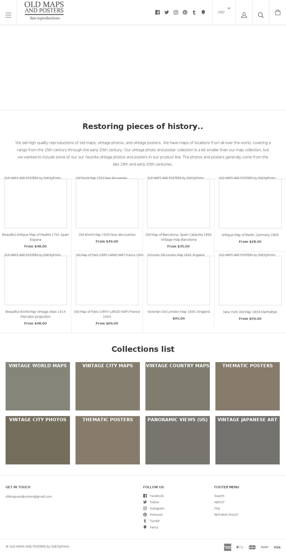 oldmapsandposters.com shopify website screenshot