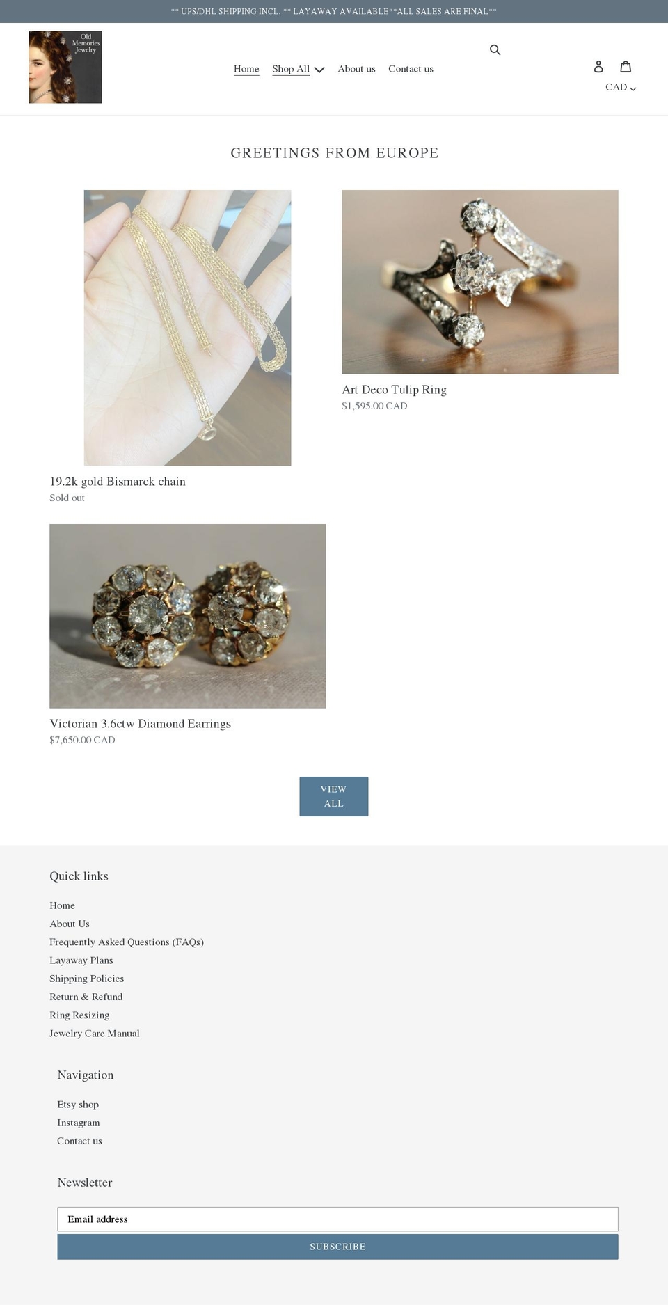 oldmemoriesjewelry.com shopify website screenshot